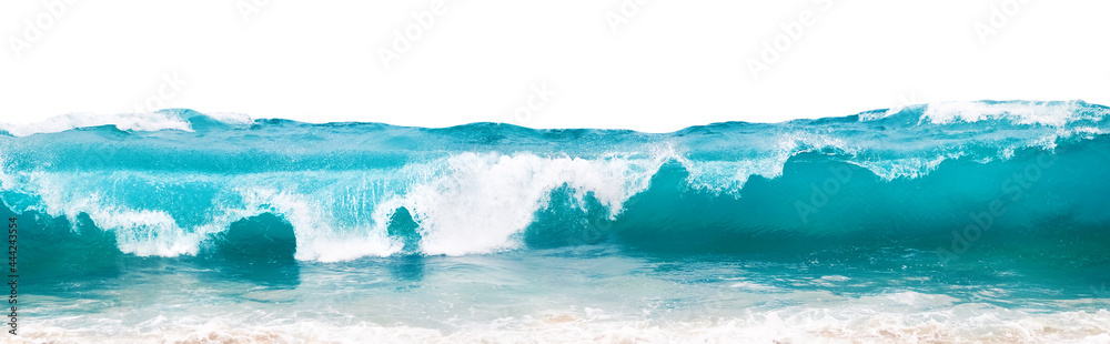 Powerful ocean blue waves with white foam isolated on a white background. Banner format. - obrazy, fototapety, plakaty 