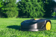 Robotic Lawn Mower cutting grass in the garden. Automatic robot lawnmower in modern garden on sunny day.