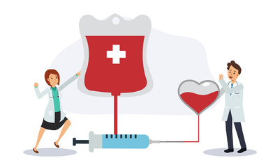 Wall Mural - Blood donation concept.charity,Male and female Doctors are cheer up for blood donation near heart and blood bag.Flat vector cartoon character illustration.