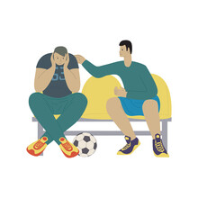 Cartoon Young People Are Sitting On A Bench With Soccer Ball. Footballer Pats Sad Guy On The Shoulder. Men In Sportswear Vector Illustration.