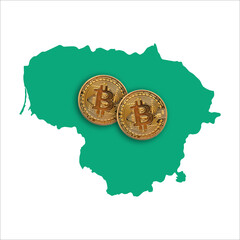 Wall Mural - Bitcoin cryptocurrency coin on a map of Lithuania