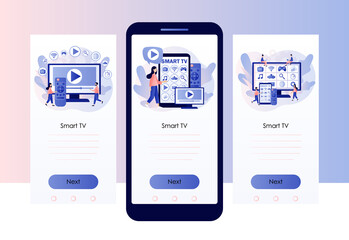 Poster - Smart TV. Modern television technology. Tiny people watch video, content, applications on multimedia box tv. Screen template for mobile, smartphone app. Modern flat cartoon style. Vector illustration