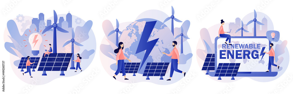 Alternative renewable energy. Tiny people on Power plant with solar panels and windmills. Green energy concept. Eco Industry. Modern flat cartoon style. Vector illustration on white background - obrazy, fototapety, plakaty 