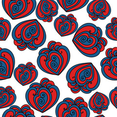 Wall Mural - Seamless pattern of curled fantasy hearts, blue-red tangles on a white background