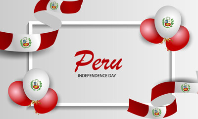 Wall Mural - Independence Day of Peru, festive banner with balloons and ribbons. Peru flag.