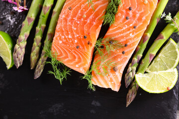 raw salmon fillet with asparagus