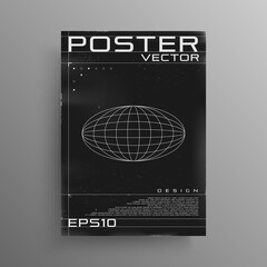 Wall Mural - Retrofuturistic poster design with ellipse planet. Black and white retro cyberpunk poster with HUD elements. Cover design for electronic music events. Vector