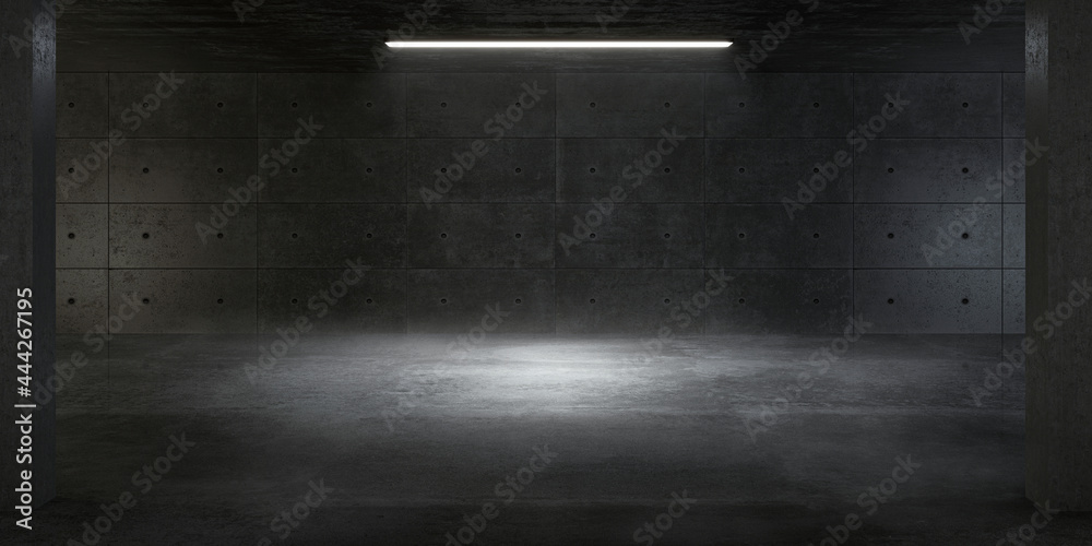 Atmospheric light in the modern futuristic underground showroom with a concrete wall. - obrazy, fototapety, plakaty 