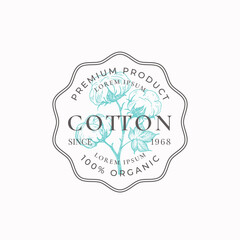 Wall Mural - Cotton Purveyors Frame Badge or Logo Template. Hand Drawn Cotton Branch with Flowers Sketch with Retro Typography and Borders. Vintage Premium Emblem. Isolated