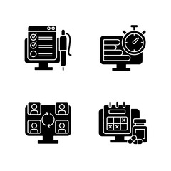 Sticker - Tracking for remote work black glyph icons set on white space. Online form with control checklist. Time management. Work monitoring tools. Silhouette symbols. Vector isolated illustration