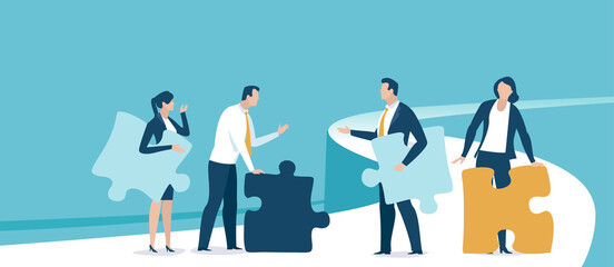 People holding puzzle elements. The concept of problem solving and finding a solution. Vector illustration.
