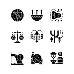 Poster - Water resources lacking black glyph icons set on white space. Water scarcity. Evaporation. Disappearing wetlands. Rational consumption. Crop shortage. Silhouette symbols. Vector isolated illustration