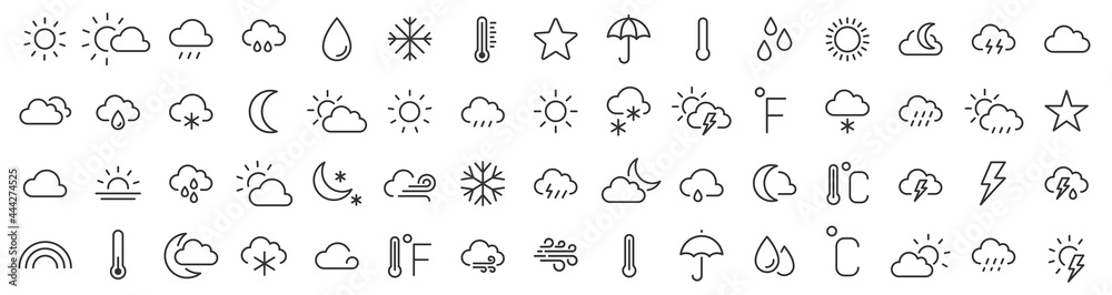 Weather icons. Weather forecast icon set. Clouds logo. Weather , clouds, sunny day, moon, snowflakes, wind, sun day. Vector illustration. - obrazy, fototapety, plakaty 