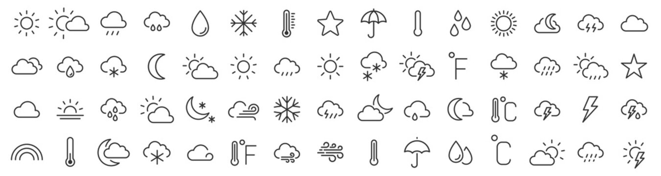 weather icons. weather forecast icon set. clouds logo. weather , clouds, sunny day, moon, snowflakes
