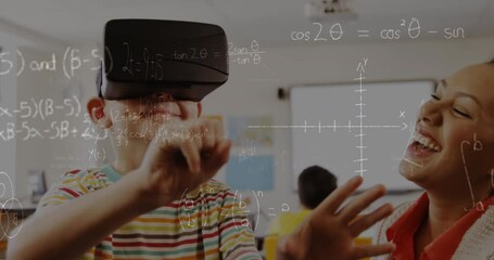 Wall Mural - Animation of mathematical equations over schoolchildren using vr headsets