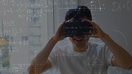 Poster - Animation of mathematical drawings and equations over man wearing vr headset