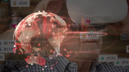 Poster - Animation of social media notifications over network on glowing red globe, over man in vr headset
