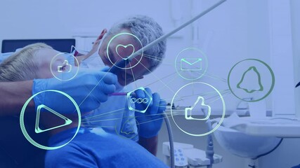 Poster - Animation of networks of connections with icons over boy in dentist chair