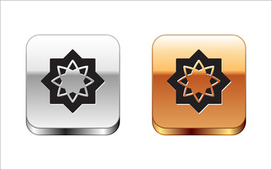 Sticker - Black Islamic octagonal star ornament icon isolated on white background. Silver and gold square buttons. Vector