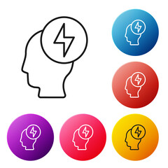 Poster - Black line Human head and electric symbol icon isolated on white background. Set icons colorful circle buttons. Vector