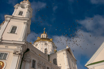 Wall Mural - Flock of pigeons flies over the Assumption Cathedral of the Holy Dormition Pochayiv Lavra, Pochayiv, Ukraine.