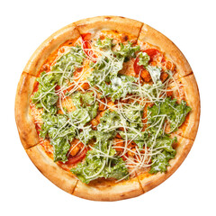 Pizza with tomato slices, spicy crackers, cheese, lettuce leaves and white sauce overhead view isolated on white background