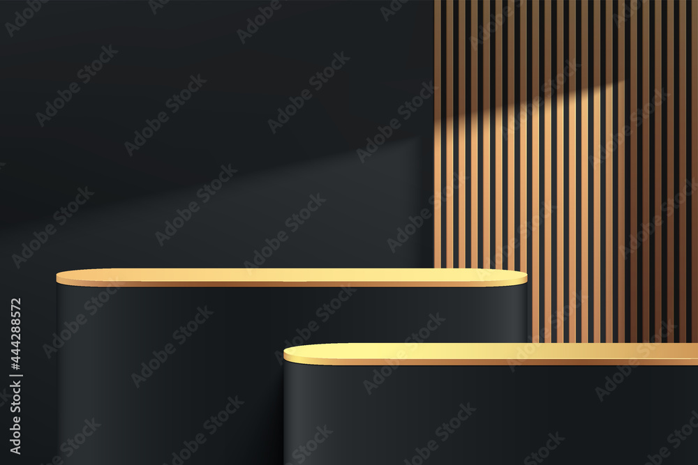 Abstract 3D black, gold round pedestal podium with golden vertical stripes and shadow. Luxury dark minimal wall scene. Modern vector rendering geometric platform for product display presentation. - obrazy, fototapety, plakaty 