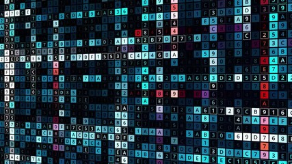Poster - Field with changing numbers. Animation. Computer field with generated numbers and pulsating waves. Ripple on field with cells of changing colorful numbers and letters