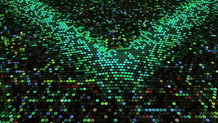Poster - Waves on cybernetic field. Animation. Futuristic background with 3d waves on computer field with cells. Colorful cybernetic field with waves