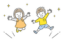 ベクターイラスト素材：ジャンプする子供、男の子と女の子
