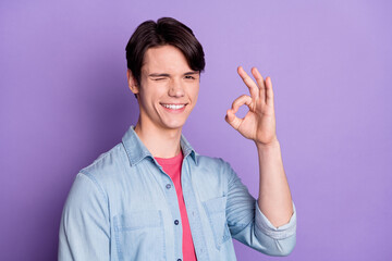 Canvas Print - Photo of young guy happy positive smile show okay alright sign advert feedback isolated over violet color background