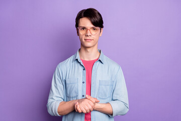 Photo of young handsome man happy positive smile wear eyeglasses isolated over purple color background