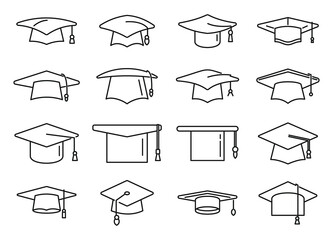 Poster - academy graduation hat icons set outline vector. school celebration