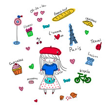 Set Of Elements With Symbols Of Paris. A Romantic Trip To Paris. Cute Fashionable Girl In A Red Beret, Holding A Clutch Bag. Hearts, Baguette, Croissant, Flowers, Birds, Eiffel Tower..