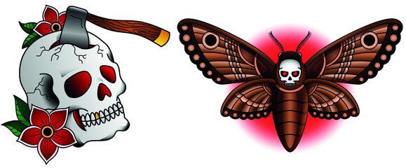 isolated  old school moth and skull