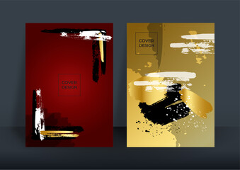 Poster - Red gold luxurious background. Golden brush circle. Red, black and gold shining abstract marble background. Vector texture in alcohol ink technique with glitter. Template for banner, poster design. 