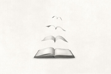 illustration of pages flying out of a book, surreal philosophy concept
