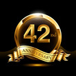42 years golden anniversary logo celebration with ring and ribbon.