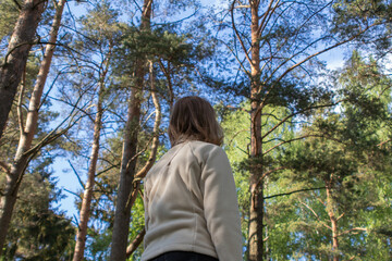 a woman looks at a beautiful pine forest