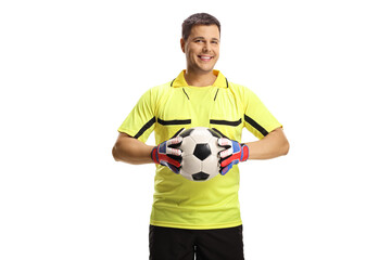 Wall Mural - Goalkeeper holding a ball and smiling