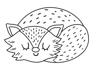 Wall Mural - Cute black and white sleeping fox. Vector outline autumn character isolated on white background. Fall season line woodland animal icon for print, sticker, postcard.  Funny forest illustration..