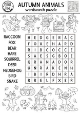 Vector Black And White Fall Wordsearch Puzzle For Kids. Simple Outline Crossword With Autumn Forest Animals For Children. Line Educational Keyword Activity With Cute Woodland Characters.