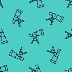 Poster - Black line Telescope icon isolated seamless pattern on green background. Scientific tool. Education and astronomy element, spyglass and study stars. Vector