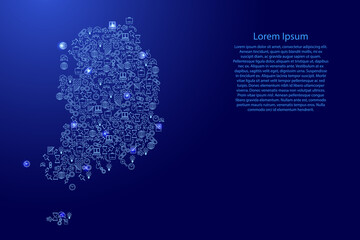 Poster - South Korea map from blue and glowing stars icons pattern set of SEO analysis concept or development, business. Vector illustration.