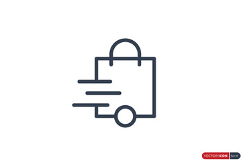 Poster - Fast Shipping Delivery Icon Line. Shopping Bag with Wheel Linear Style isolated on White Background. Flat Vector Icon Design Template Element.