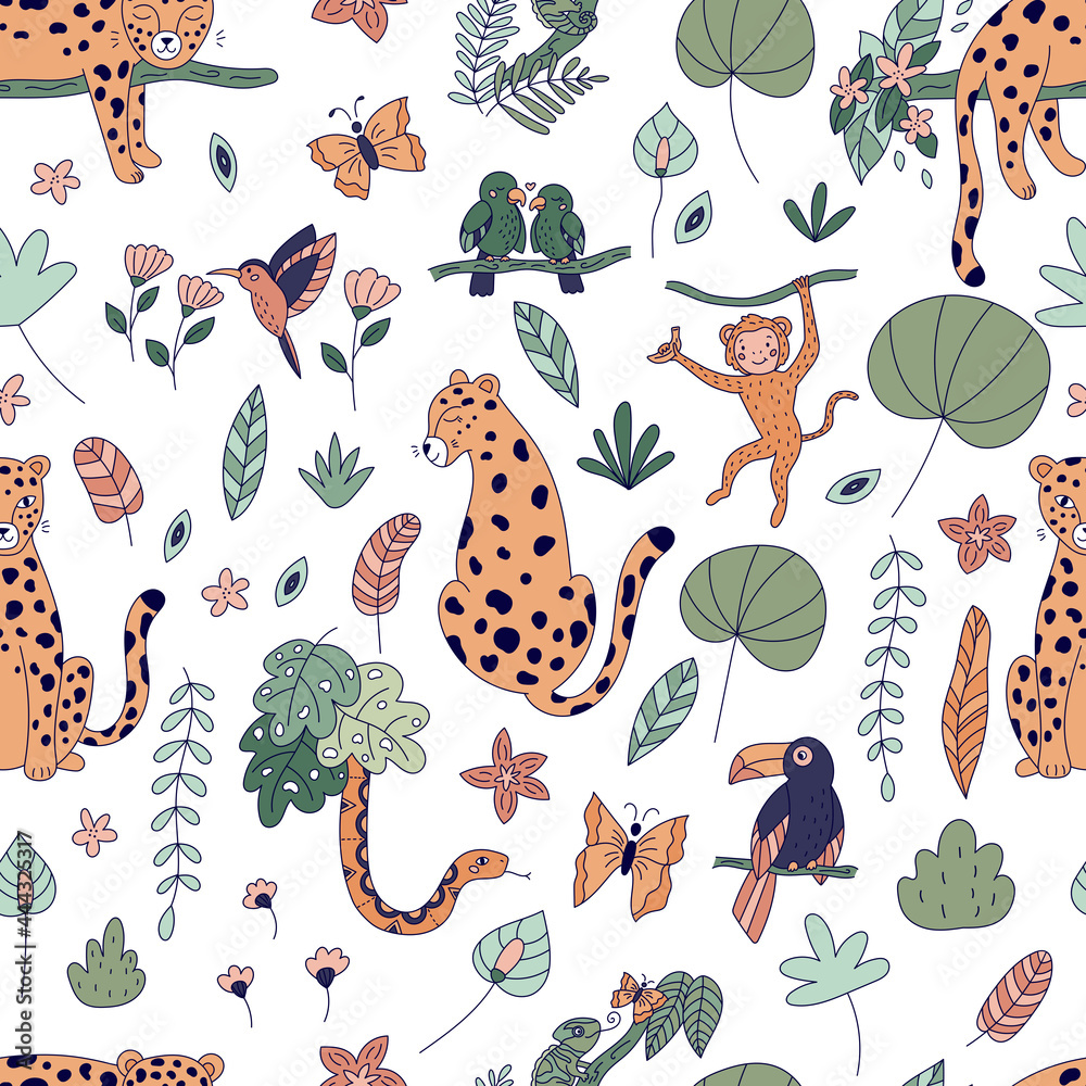 Seamless pattern with cute jungle animals. Rainforest exotic plants and ...