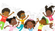© FoxyImage - A group of African American boys and girls play together, jumping and dancing fun against the background of the wall with children drawings. Long banner. Funny cartoon characters. Vector illustration