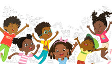 A Group Of African American Boys And Girls Play Together, Jumping And Dancing Fun Against The Background Of The Wall With Children Drawings. Long Banner. Funny Cartoon Characters. Vector Illustration