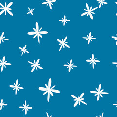 Poster - White cartoonish stars and blue sky. Vector seamless wallpaper.