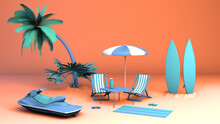 Beach Trip Concept With Umbrella, Bike, Jet Ski, Surfboard And Folding Chairs. 3D Illustration. Summer Concept.